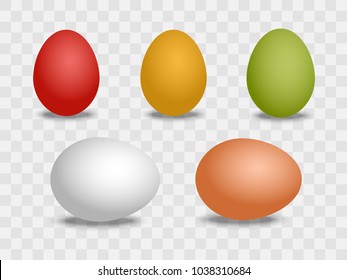 Vector 3d realistic white and brown, and color eggs. Isolated eggs with shadow. Eggs mockup for your Easter poster design. Red, yellow, green mock up objects 