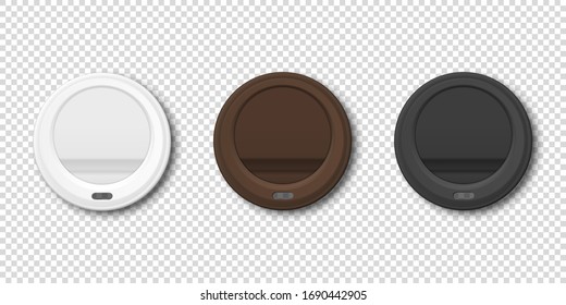 Vector 3d Realistic White, Brown, Black Disposable Plastic Coffee Cup Lid Icon Set Closeup Isolated on Transparent Background. Design Template, Mockup. Top View