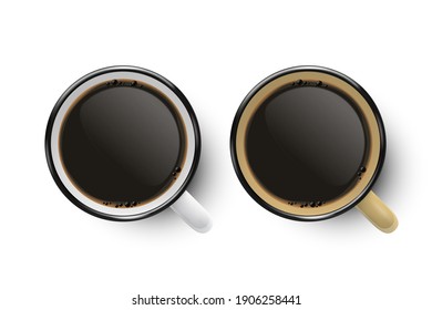 Vector 3d Realistic White and Brown Enamel Metal Mug with Black Coffee Inside Isolated on White Background. Top View. Design Template for Mock up