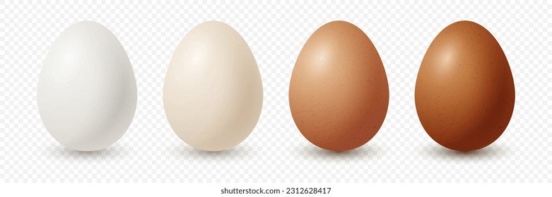 Vector 3d Blanco Realista, Huevos de Pollo Marrón. El Icono Del Huevo De Pollo Texturado Se Aisló. Huevos De Color Diferentes Vectores Aislados. Colección entera de huevos en la vista frontal