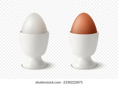 Vektor 3d realistische weiße und braune Hühnereier in einem weißen Keramik, porzellangekochte Ei-Cup-Holder, Stand für das Frühstück. Hühnereier-Symbol einzeln, Draufsicht