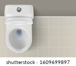Vector 3d Realistic White Ceramic Toilet Closeup in the Bathroom, Toilet Room. Opened Toilet Bowl with Lid. Plumbing, Mockup, Design Template for Interior, Cleaning, Hygiene Concept. Top View