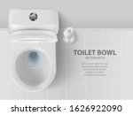 Vector 3d Realistic White Ceramic Toilet and Toilet Brush in the Bathroom, Toilet Room. Opened Toilet Bowl with Lid. Plumbing, Mockup, Design Template for Interior, Cleaning, Hygiene Concept. Top View