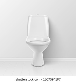 Vector 3d Realistic White Ceramic Toilet in the Bathroom, Toilet Room. Toilet Bowl without Lid, Plumbing, Mockup, Design Template for Interior. Front View. Stock Illustration