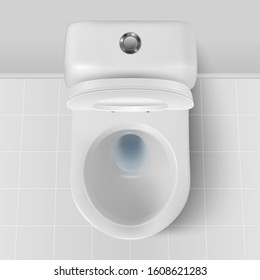 Vector 3d Realistic White Ceramic Toilet Closeup in the Bathroom, Toilet Room. Opened Toilet Bowl with Lid. Plumbing, Mockup, Design Template for Interior, Cleaning, Hygiene Concept. Top View