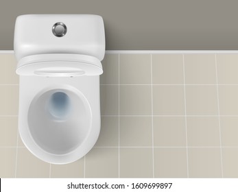 Vector 3d Realistic White Ceramic Toilet Closeup in the Bathroom, Toilet Room. Opened Toilet Bowl with Lid. Plumbing, Mockup, Design Template for Interior, Cleaning, Hygiene Concept. Top View