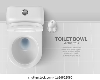 Vector 3d Realistic White Ceramic Toilet and Toilet Brush in the Bathroom, Toilet Room. Opened Toilet Bowl with Lid. Plumbing, Mockup, Design Template for Interior, Cleaning, Hygiene Concept. Top View