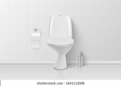 Vector 3d Realistic White Ceramic Toilet, Brush and Toilet Paper in the Bathroom, Toilet Room. Closed Toilet Bowl with Lid. Plumbing, Mockup, Design Template for Interior, Cleaning, Hygiene Concept