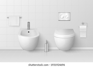 Vector 3d Realistic White Ceramic Toilet, Bidet in the Bathroom, Toilet Room. Closed Toilet Bowl with Lid. Plumbing, Mockup, Design Template for Interior, Cleaning, Hygiene Concept. Front View