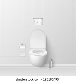 Vector 3d Realistic White Ceramic Toilet in the Bathroom, Toilet Room. Opened Toilet Bowl with Lid. Plumbing, Mockup, Design Template for Interior, Cleaning, Hygiene Concept. Front View