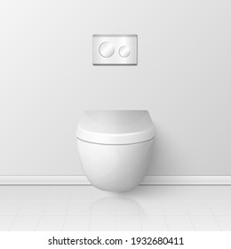 Vector 3d Cerámica Blanca Realista Cerrada, Tazón de Aseo con Tapa en el Cuarto de Aseo. Plomería de fontanería, maquillaje, plantilla de diseño para el interior, limpieza, concepto de higiene. Vista frontal