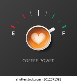 Vector 3d Realistic White Ceramic or Porcelain Mug with Coffee and Fuel Tank Gauge. Coffee Power. Capuccino, Latte with Heart Pattern. Concept Banner with Coffee Cup, Design Template. Top View