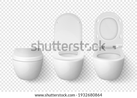 Vector 3d Realistic White Ceramic Closed, Opened Toilet Bowl with Lid Set on Transparent Background. Toilet Room. Plumbing, Mockup, Design Template for Interior, Cleaning, Hygiene Concept. Front View