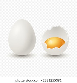 Vector 3d Realistic White Chicken Eggs. Broken Chicken Egg, Cracked Two Parts, Opened Crack Raw Chicken Egg With Yolk Closeup Isolated. Vector Eggs Isolated. Half Egg in Front View