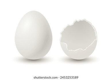 Vector 3d Realista Huevos de Pollo Blanco. Huevo De Pollo Roto, Se Rompieron Dos Partes, Se Abrió El Huevo De Pollo Crudo Con La Yema En Primer Plano Aislado. Huevos De Vector Aislados. Medio Huevo en Vista Frontal