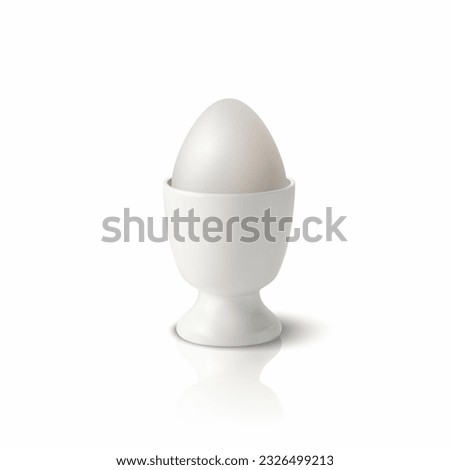 Vector 3d Realistic White Chicken Egg in a White Ceramic, Porcelain Boiled Egg Cup Holder, Stand for Breakfast. Chicken Egg Icon, Isolated, Front View