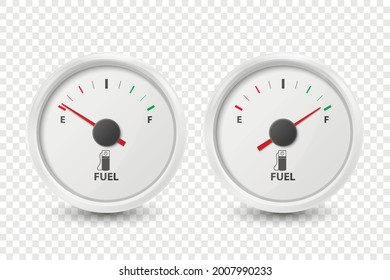 Vektor 3d Realistisches Gasmagazin mit weißem Kreislauf, Ölstand Balken Symbol einzeln gesetzt. Vollständig und leer. Angaben zum Autokennzeichen. Kraftstoffanzeiger, Gaszähler, Sensor. Vorlage erstellen