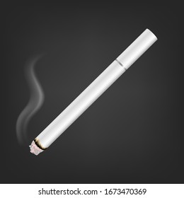 Vector 3d Realistic White Clear Blank Whole Lit Cigarette with Smoke Icon Closeup Isolated on Black Background. Design Template. Smoke Problem Concept, Tobacco, Cigarette Mockup