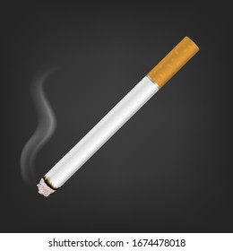 Vector 3d Realistic White Clear Blank Whole Lit Cigarette with Smoke Icon Closeup Isolated on Black Background. Design Template. Smoke Problem Concept, Tobacco, Cigarette Mockup