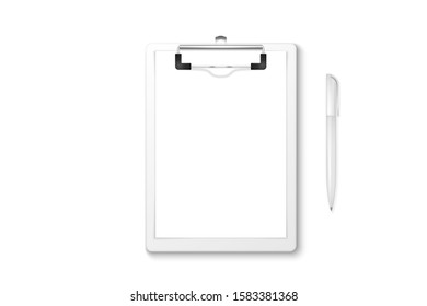 Vector 3d Realistic White Clipboard with Blank Paper, Metal Clip, Automatic Pen Set Closeup Isolated on White Background. Design Template for Notes, Mockup, Checklist, Questionnaire, Reminders