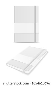 Vector 3d Realistic White Closed Blank Paper Notebook with Label Set Isolated on White Background. Design Template of Copybook with Elastic Band for Mockup, Advertise, Logo Print. Front, Top View