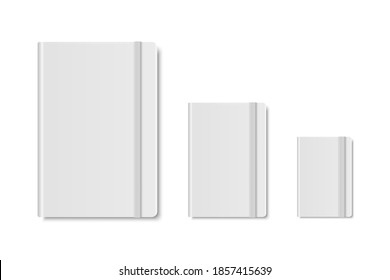 Vector 3d Realistic White Closed Blank Paper Notebook Set Isolated on White Background. A4, A5, A6, A7. Design Template of Copybook with Elastic Band for Mockup, Advertise, Logo Print. Front. Top View