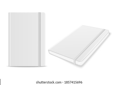 Vektor 3d realistisch weißes, geschlossenes Whitepaper-Notebook mit Lesezeichen einzeln auf weißem Hintergrund. Design Vorlage des Copybook mit Elastic Band für Mock-up, Werbung, Logo-Print. Vorderseite, Draufsicht