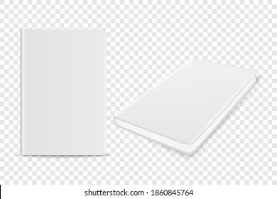 Vector 3d Realistic White Closed Blank Paper Notebook Set Isolated on Transparent Background. Design Template of Copybook, Diary for Mockup, Advertise, Logo Print. Front, Top View