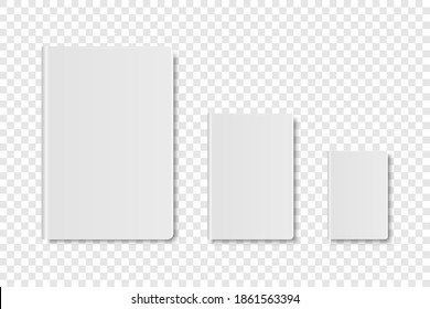 Vector 3d Realistic White Closed Blank Paper Notebook, Diary, Book Set Isolated on Transparent Background. A4, A5, A6, A7. Design Template, Copybook for Mockup, Advertise, Logo Print. Front. Top View