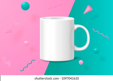 Vector 3d realistic white cup abstract scene with pink, green and white balls and objects.