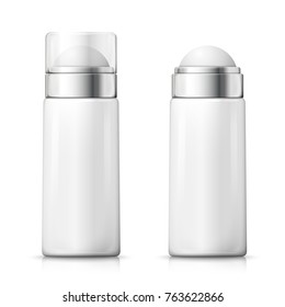 Vector 3d realistic white deodorant bottles with plastic transparent cap, open and closed. Mock-up for product package branding.