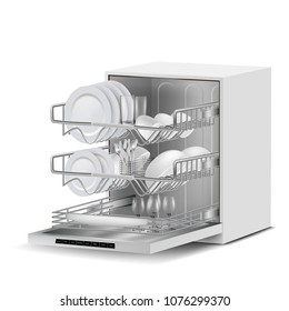 Vector 3d realistic white dishwasher machine with three metal racks, filled with clean plates, glasses, cups, cutlery, side view isolated on background. Modern household appliance for washing dishes