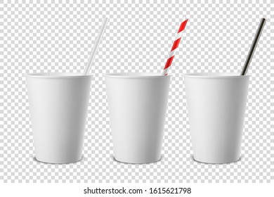 Vector 3d Realistic White Disposable Opened Blank Paper, Plastic Coffee, Tea Cup for Drinks with Straw Icon Set Closeup Isolated on Transparent Background. Design Template, Mockup. Top and Front View