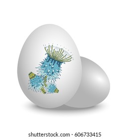 Vector 3d realistic white eggs with beautiful blue spring flowers thistle. Isolated with shadow on white background with floral print. Happy Easter.
