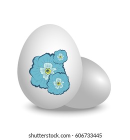 Vector 3d realistic white eggs with beautiful blue spring flowers violet. Isolated with shadow on white background with floral print. Happy Easter.