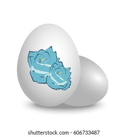 Vector 3d realistic white eggs with beautiful blue spring flowers rose. Isolated with shadow on white background with floral print. Happy Easter.
