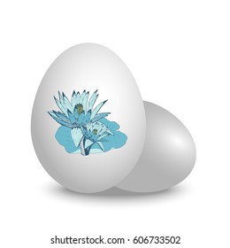 Vector 3d realistic white eggs with beautiful blue spring flowers lily. Isolated with shadow on white background with floral print. Happy Easter.