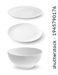 Vector 3d Realistic White Empty Porcelain, Ceramic Plate, Bowl Icon Set Closeup Isolated on White Background. Design Template for Mockup. Stock Vector Illustration. Front, Top, Side View