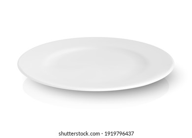 Vector 3d Realistic White Empty Porcelain, Ceramic Plate with Reflection Closeup Isolated on White Background. Design Template for Mockup. Stock Vector Illustration. Front, Top, Side View
