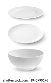 Vector 3d Realistic White Empty Porcelain, Ceramic Plate, Bowl Icon Set Closeup Isolated on White Background. Design Template for Mockup. Stock Vector Illustration. Front, Top, Side View