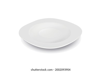 Vector 3d Realistic White Empty Porcelain, Ceramic Plate with Reflection Closeup Isolated on White Background. Design Template for Mockup. Stock Vector Illustration. Front, Top, Side View