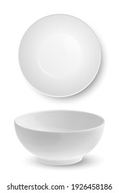 Vector 3d Realistic White Food Empty and Blank Porcelain Ceramic Bowl Plate Icon Set Closeup Isolated on White Background. Design Template, Mock up. Front and Top View
