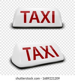 Vector 3d Realistic White French Taxi Sign Icon Set Closeup Isolated on Transparent Background. Design template for Taxi Service, Mockup. Front and Side View