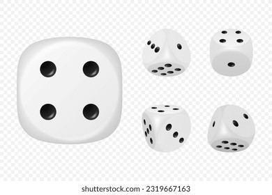 Vector 3d Realistic White Game Dice with Black Dots Set in Different Positions Isolated. Gambling Games Design, Casino, Poker, Tabletop, Board Games. Realistic Cubes with Random Numbers, Rounded Edges