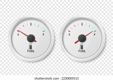 Vector 3d Realistic White Gas Fuel Tank Gauge, Oil Level Bar Set Isolated. Full and Empty. Car Dashboard Details. Fuel Indicator, Gas Meter, Sensor. Design Template