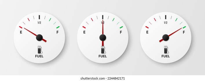 Vector 3d Realistic White Gas Fuel Tank Gauge, Oil Level Bar Set Isolated. Full and Empty. Display Board, Fuel Gauge Panel, Car Dashboard Details. Fuel Indicator, Gas Meter, Sensor. Design Template