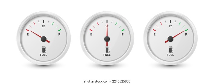 Vector 3d Realistic White Gas Fuel Tank Gauge, Oil Level Bar Set Isolated. Full and Empty. Display Board, Fuel Gauge Panel, Car Dashboard Details. Fuel Indicator, Gas Meter, Sensor. Design Template