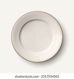 Vector 3d Realistic White with Golden Border Empty Porcelain, Ceramic Plate Icon Closeup Isolated. Design Template for Mockup. Stock Vector Illustration. Front, Top View