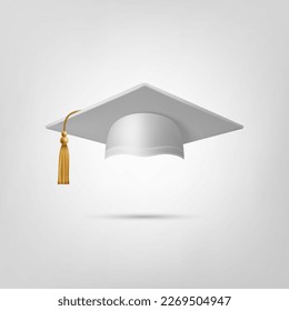 Vector 3d Realistic White Graduate College, High School, University Black Cap Icon Closeup Isolated on White Background. Vector Degree Ceremony Hat. Educational Student Symbol, Hat. Front View