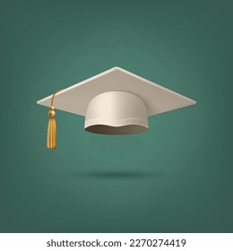 Vector 3d Realistic White Graduate College, High School, University Black Cap Icon Closeup Isolated. Vector Degree Ceremony Hat. Educational Student Symbol, Hat. Front View